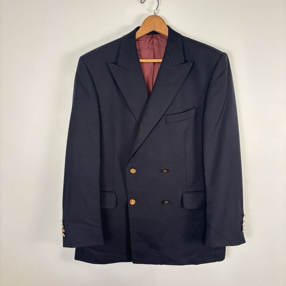 Magee 100% Pure New Wool Navy Blue Blazer Double Breasted Mens Size 42R Gold But